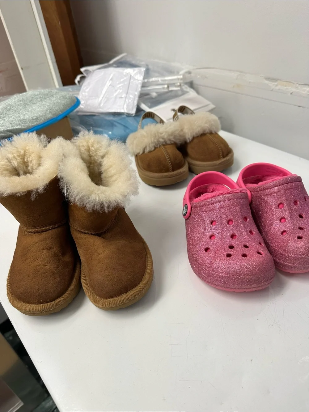 UGG Kids Brown Shearling Boots and Pink Glitter Clogs Set
